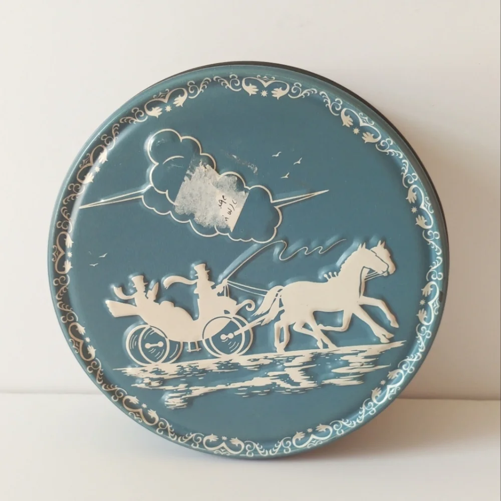 Vintage Tin Box Faux Wedgewood China Embossed Horse and Buggy Blue White